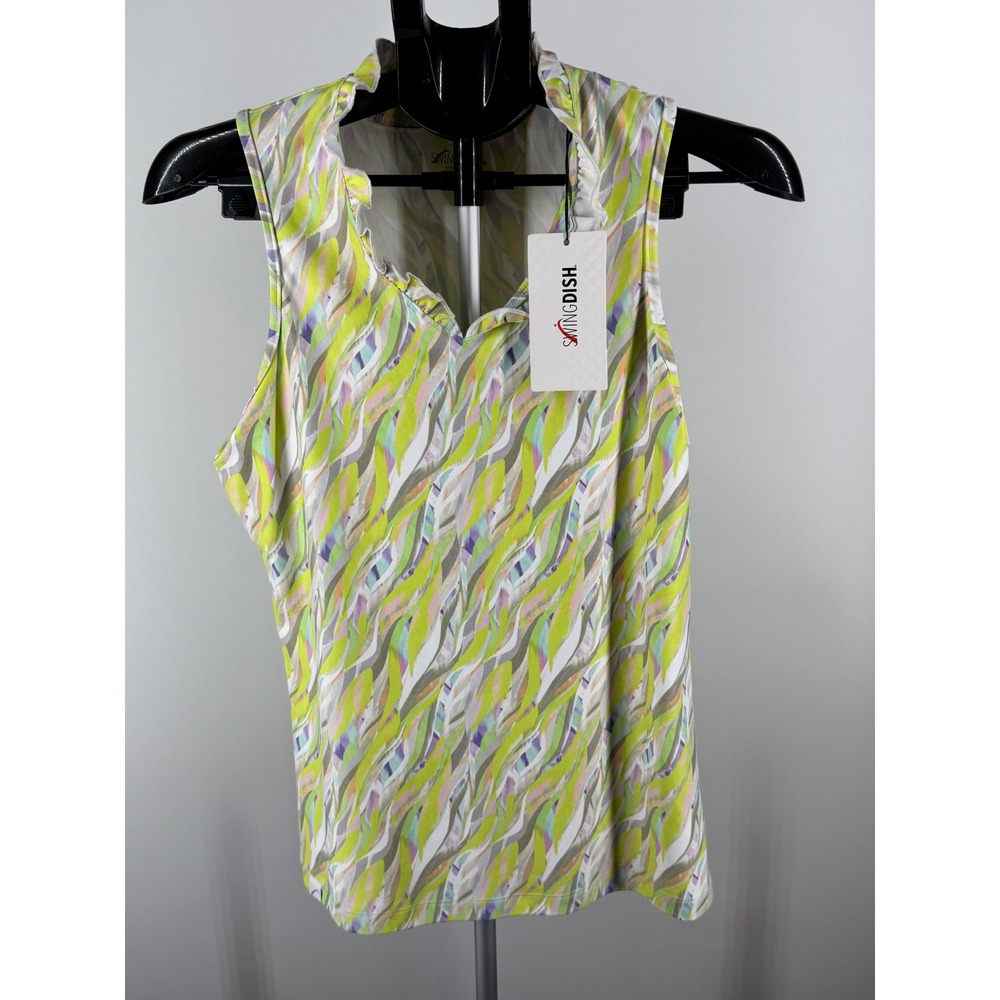SwingDish Womens Sleeveless Golf Polo Top Ruffle V-Neck Lime Green Abstract S - Picture 2 of 7
